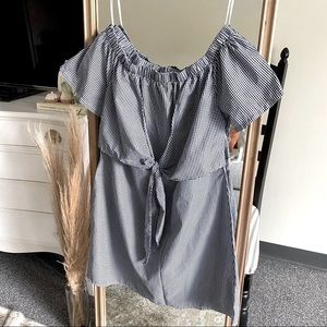 Off shoulder navy and white gingham dress